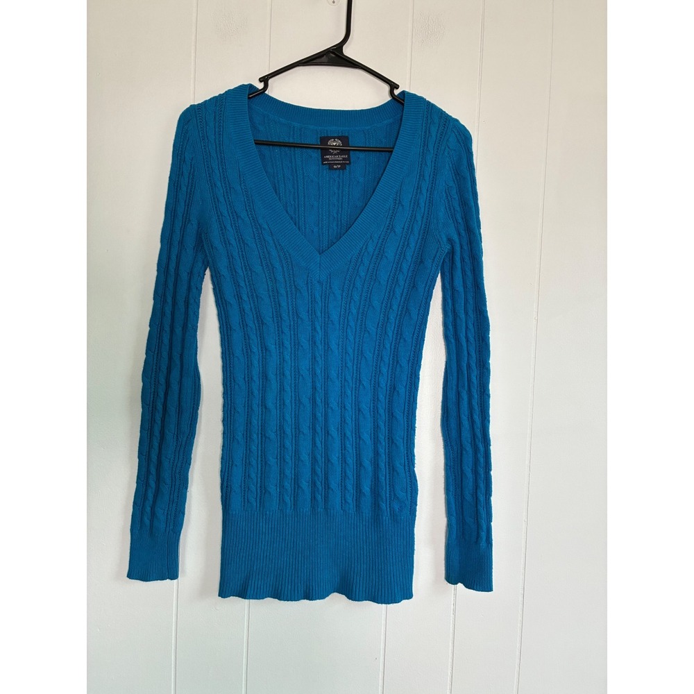 Y2K American Eagle Blue Cable Knit V-Neck Sweater S Turquoise Long‎ Sleeve Slim - Picture 6 of 7